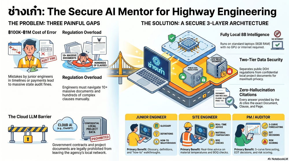 Architecture diagram for ช่างเก๋า, a fully local three layer AI mentor for Thai highway construction supervisors